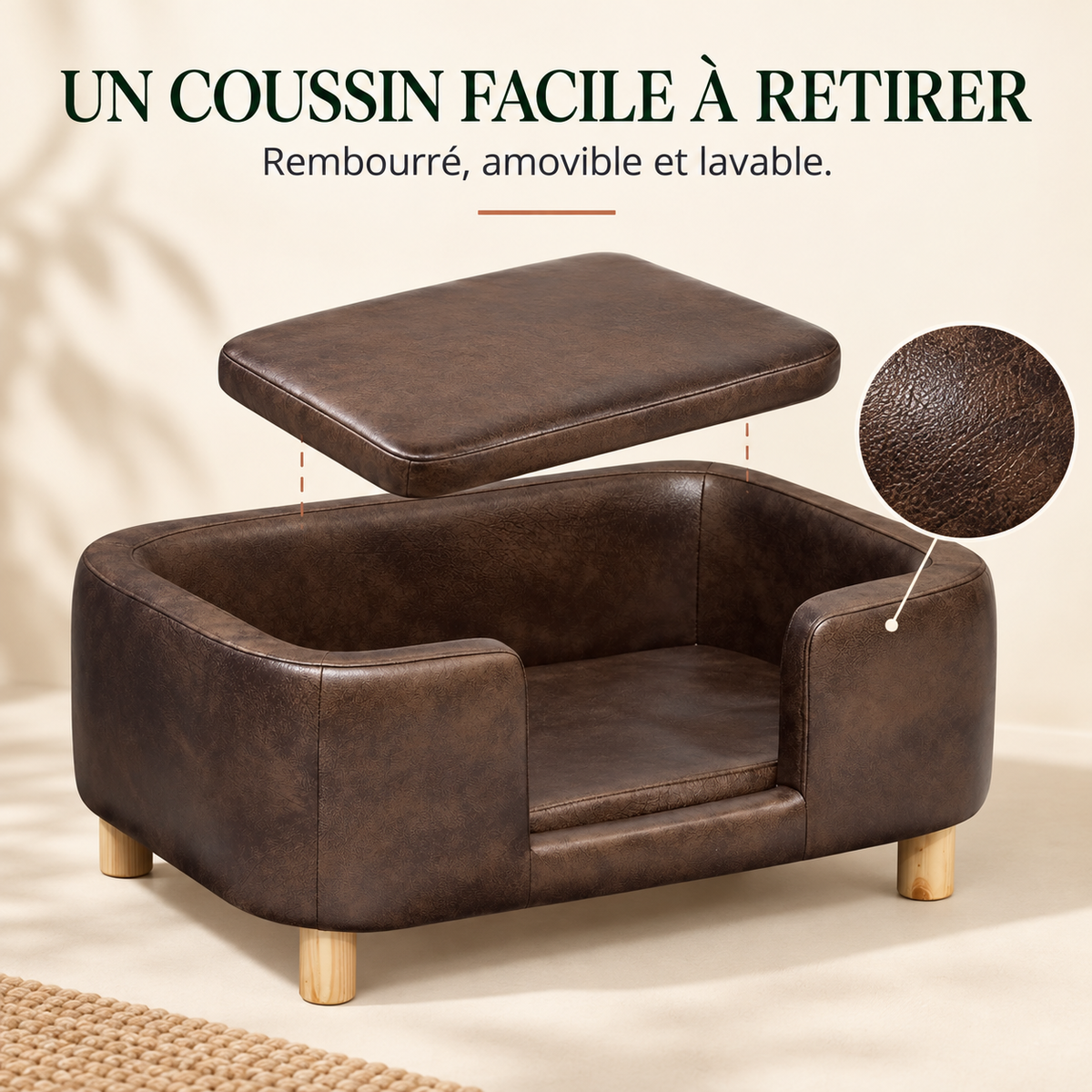 Bouledogue français installé dans le sofa canapé pour petit chien en simili cuir chocolat