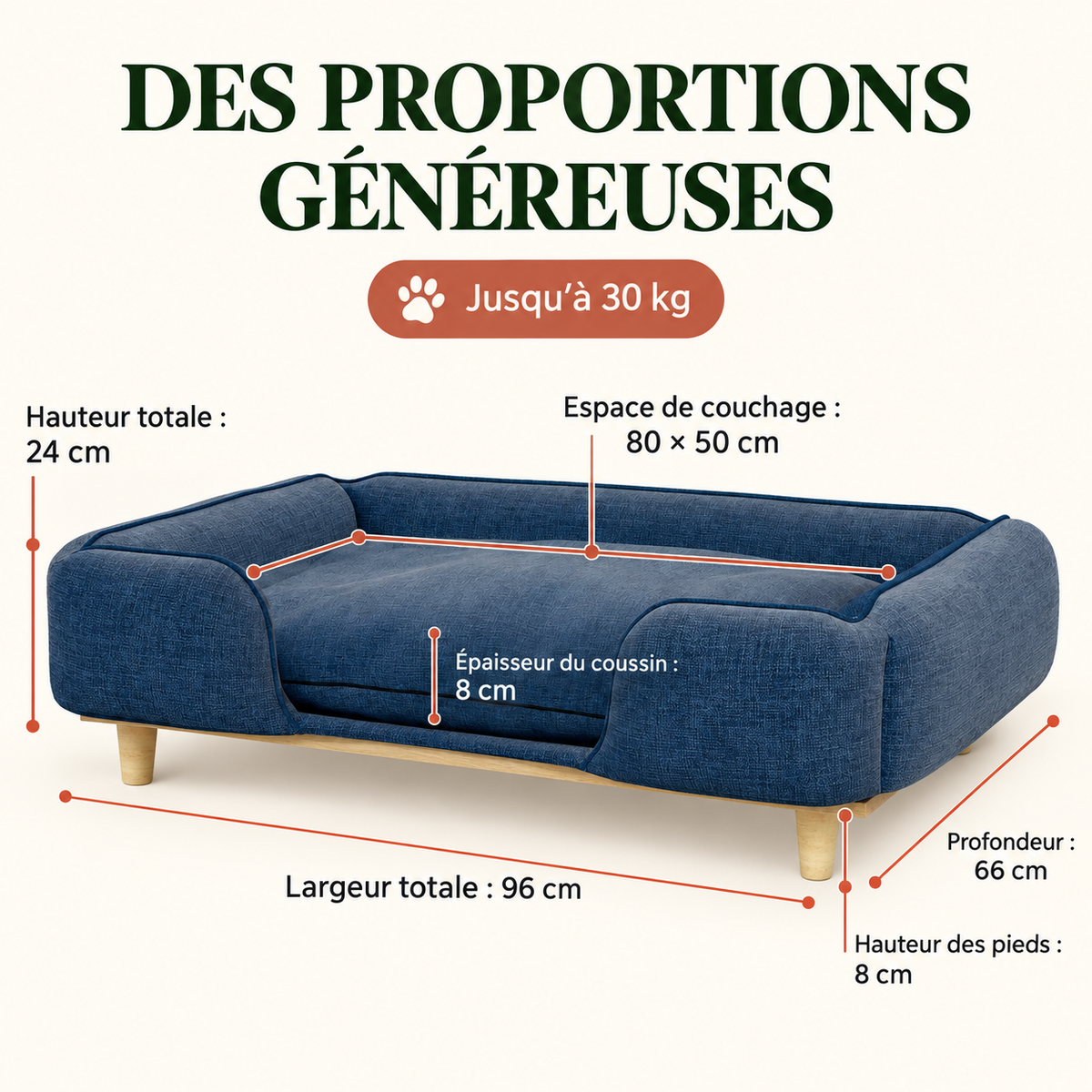 Dimensions du sofa design pour grand chien : 96x66x24 cm, jusqu'à 30 kg