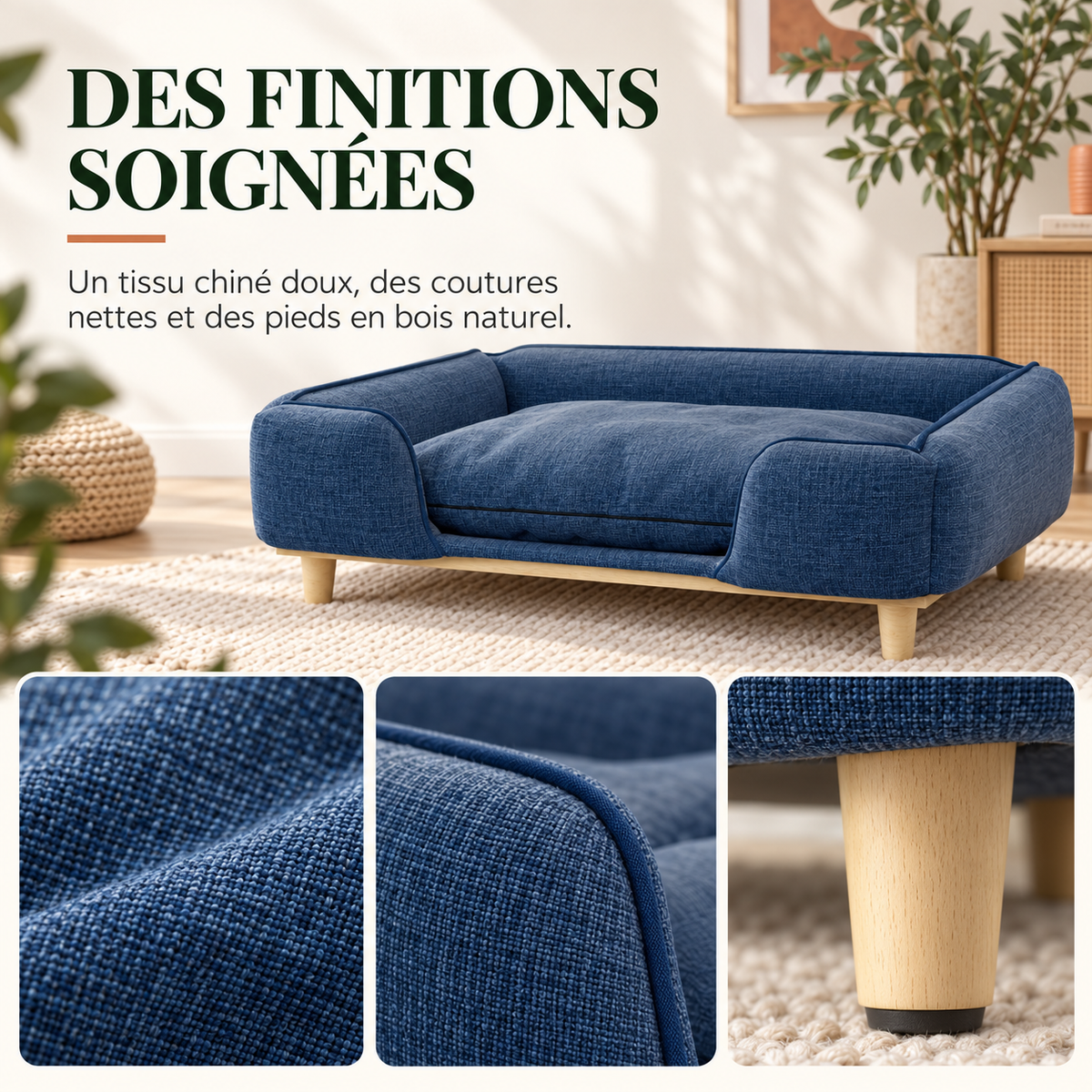 Gros plan sur le tissu chiné, les coutures et le pied en bois naturel du sofa pour grand chien