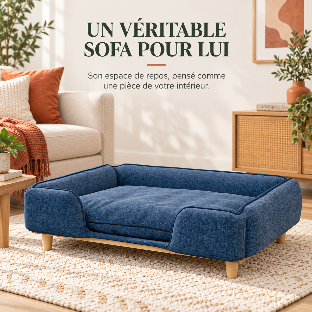 Sofa design pour grand chien bleu marine, pensé comme une pièce de mobilier