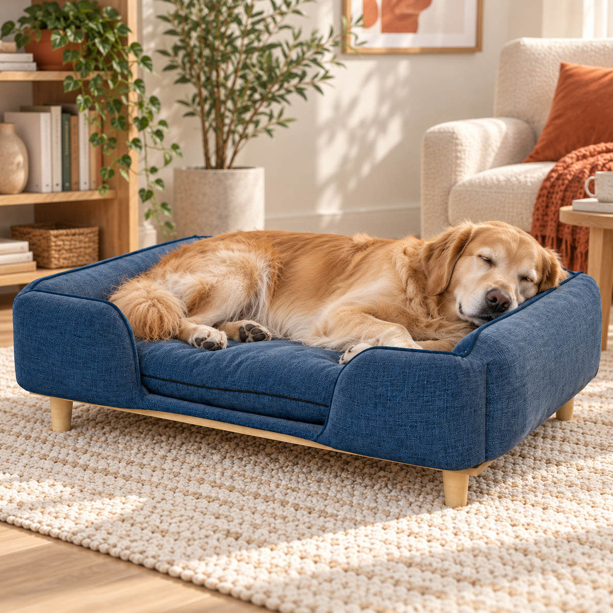 Golden Retriever endormi dans un sofa design pour chien bleu marine, pieds en bois