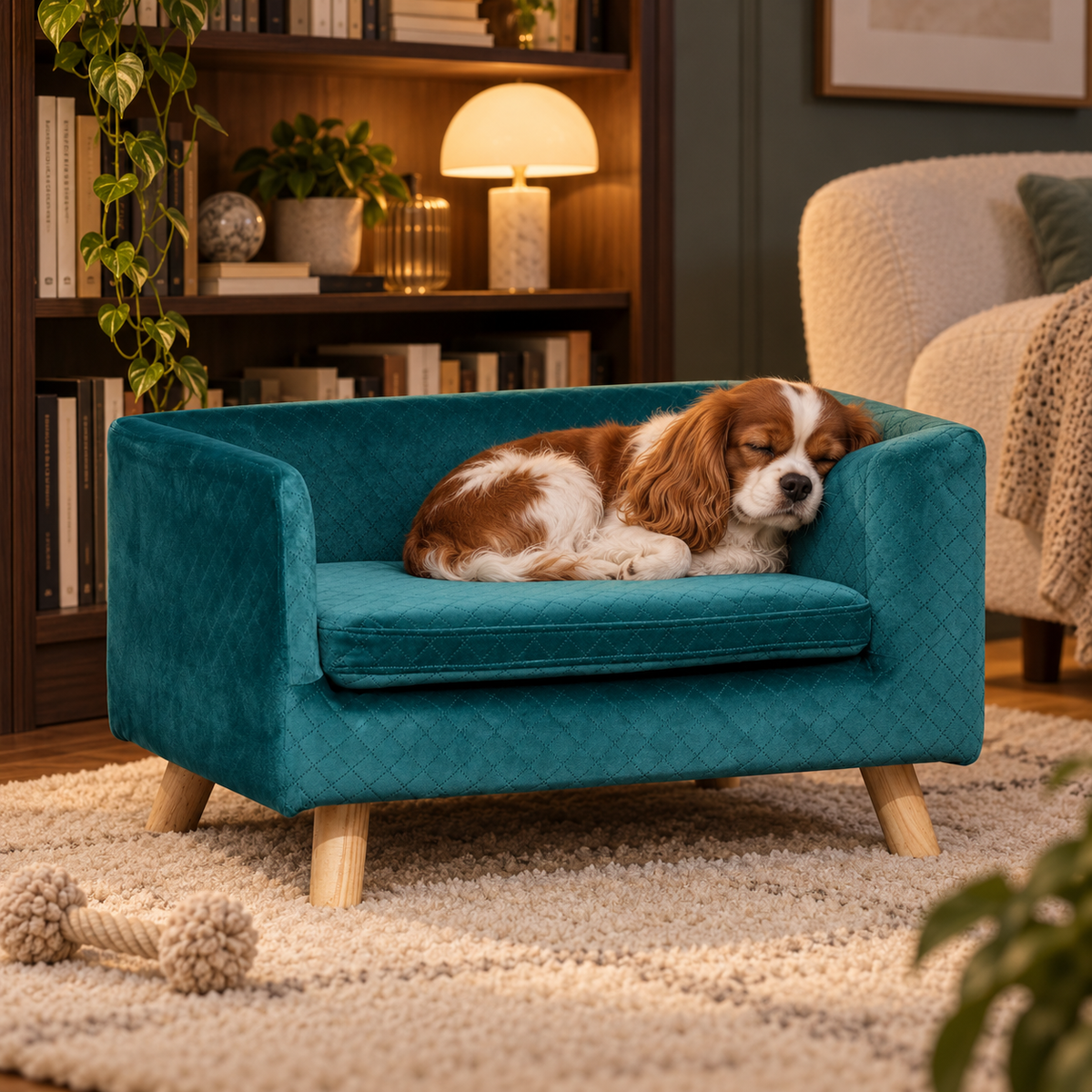 Cavalier King Charles endormi dans le sofa scandinave en velours bleu canard, ambiance bibliothèque