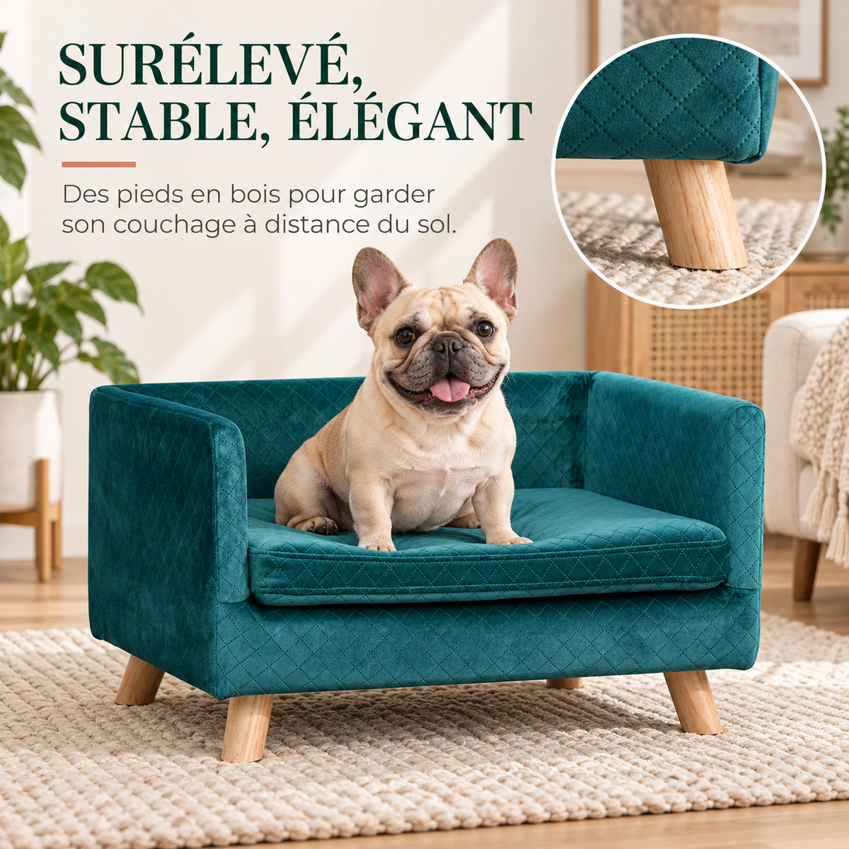 Bouledogue français assis dans le sofa scandinave, pieds en bois surélevés et stables