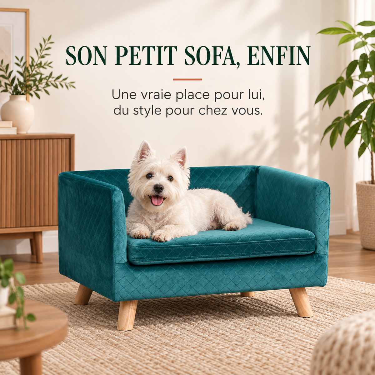 Westie installé dans son petit sofa scandinave en velours bleu canard