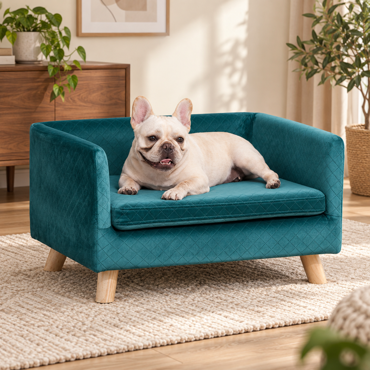 Bouledogue français assis dans le sofa scandinave en velours bleu canard, pieds en bois