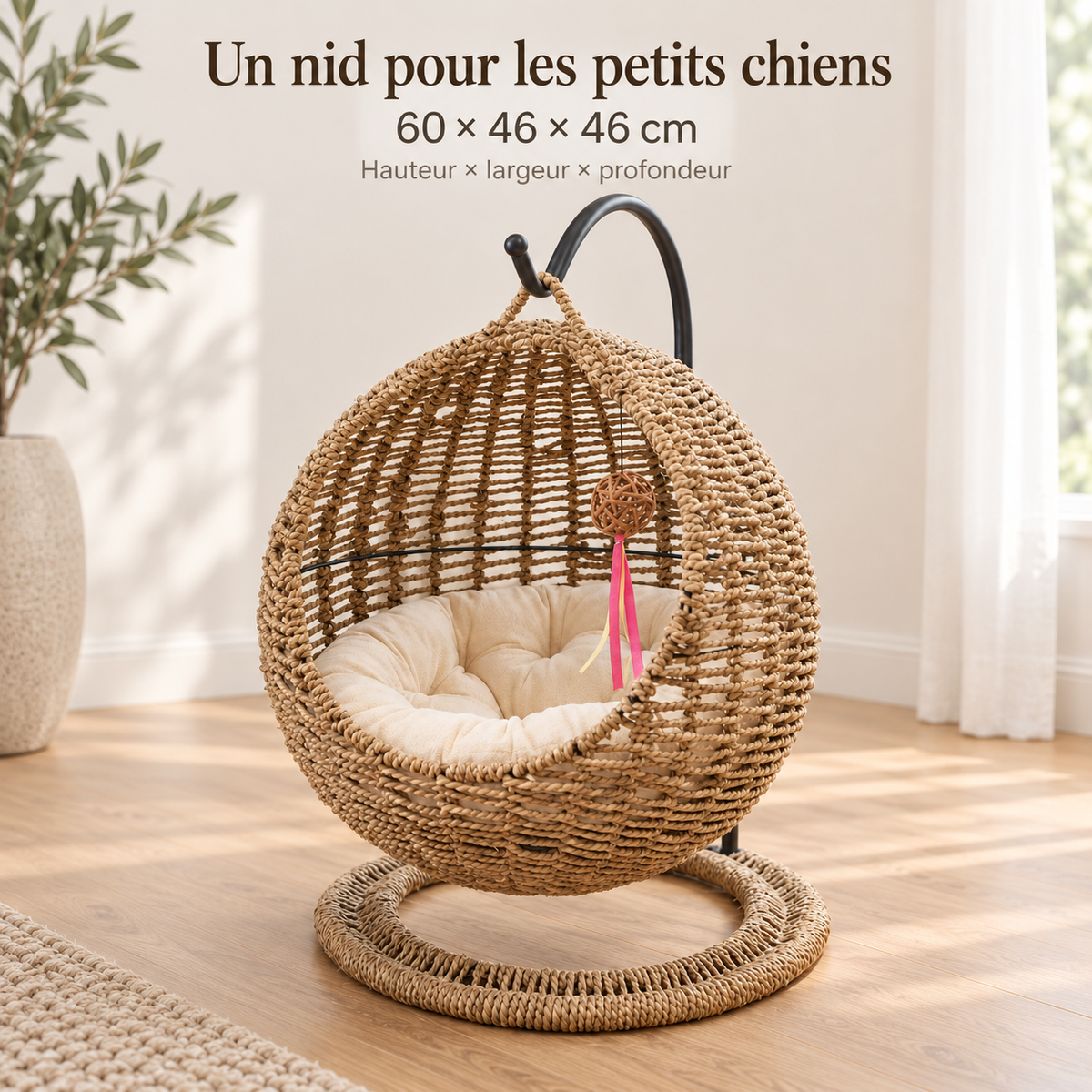 Schéma des dimensions du nid en osier tressé, 60x46x46cm