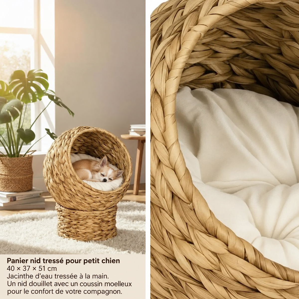 Panier nid tressé pour petit chien, descriptif et dimensions