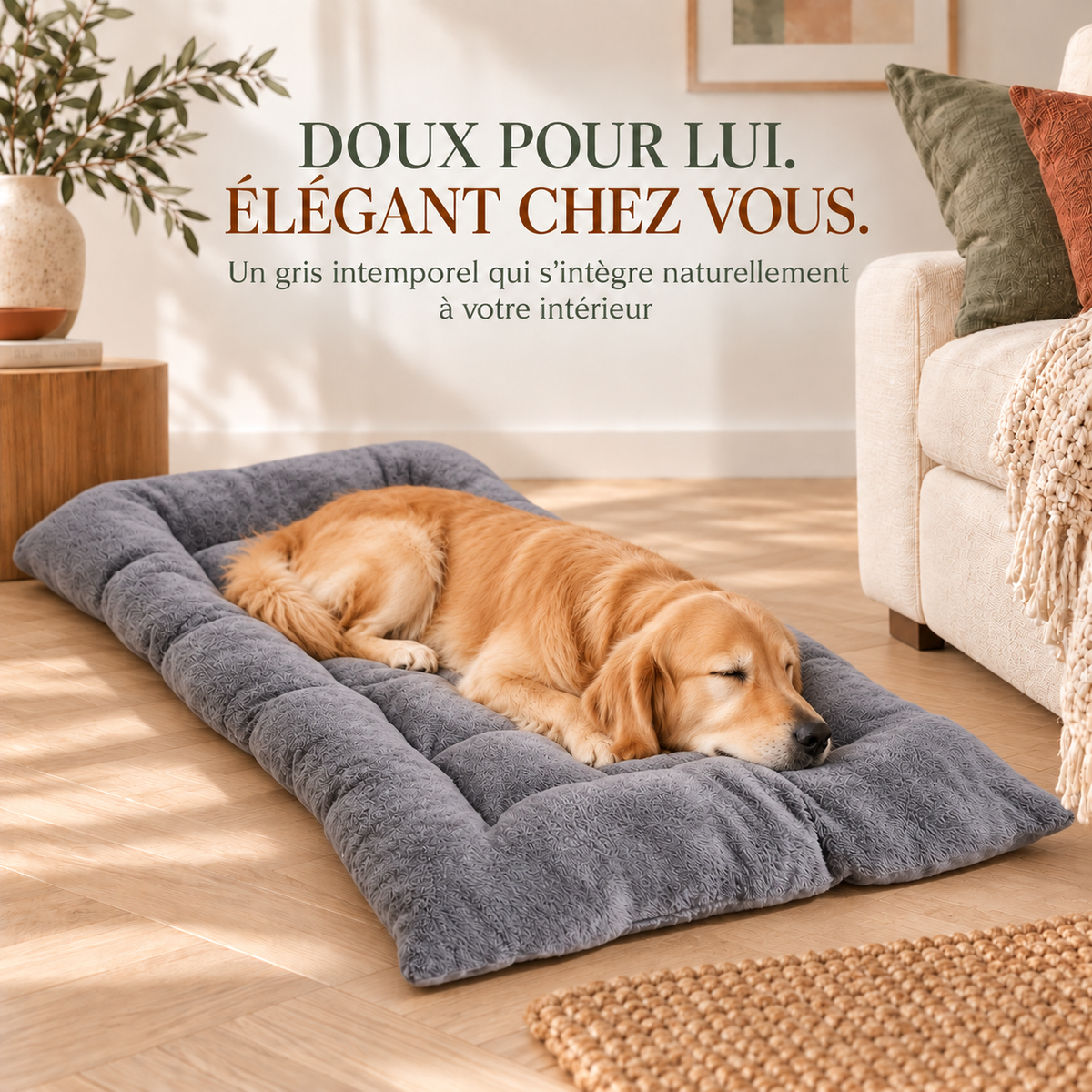 Golden retriever endormi sur le tapis gris élégant, salon lumineux