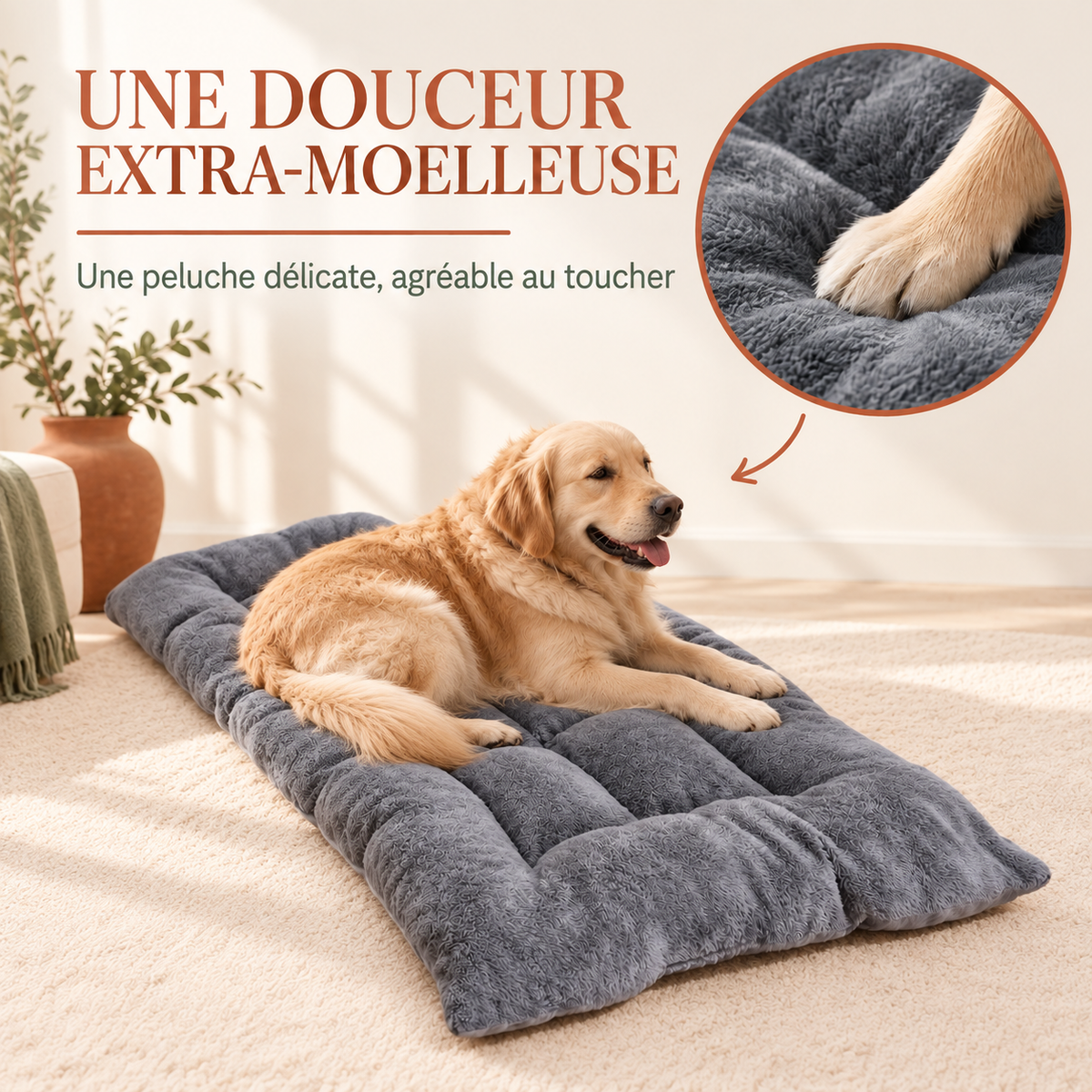 Patte de golden retriever posée sur la peluche extra douce du tapis, gros plan texture