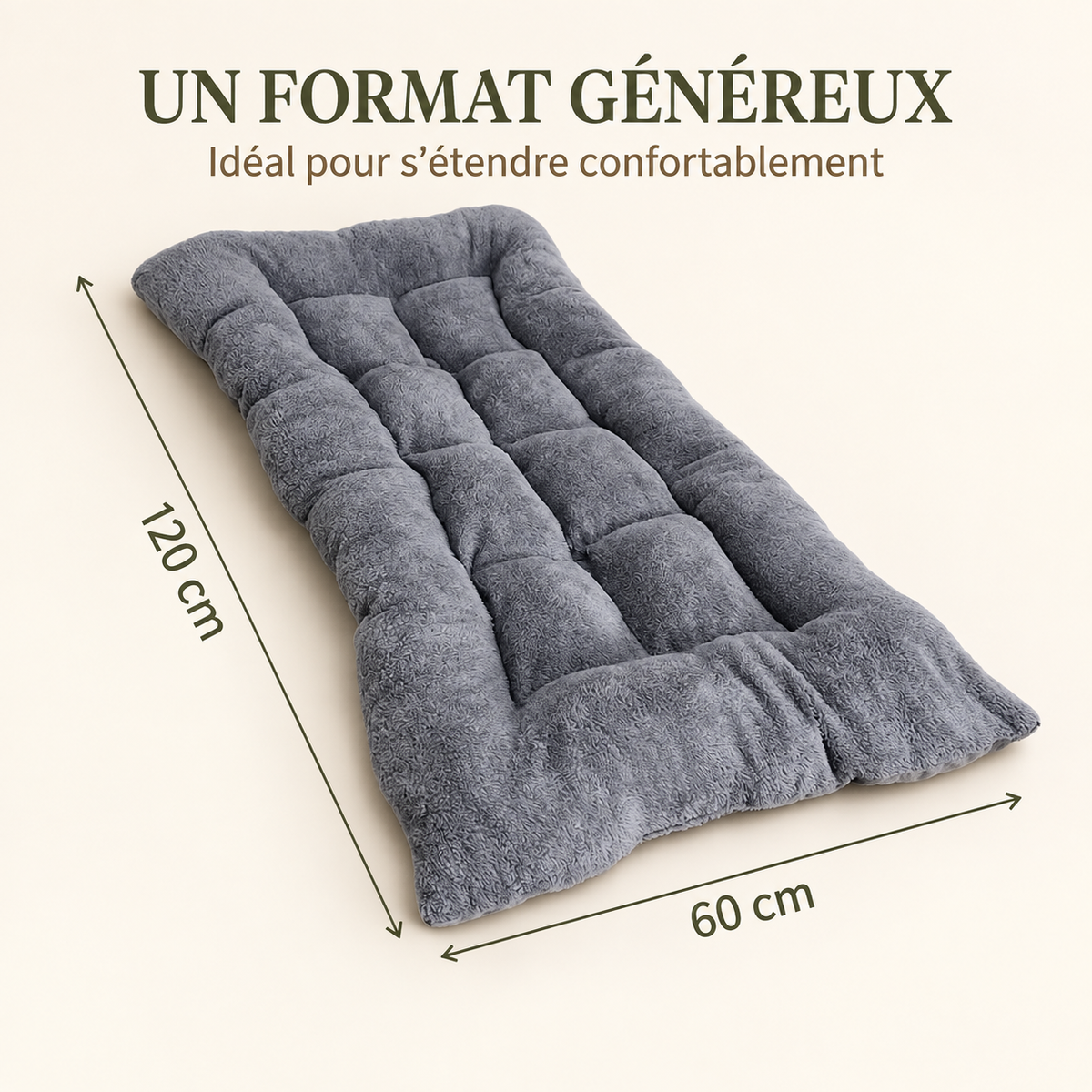 Schéma des dimensions du tapis en peluche pour chien, 120 x 60 cm