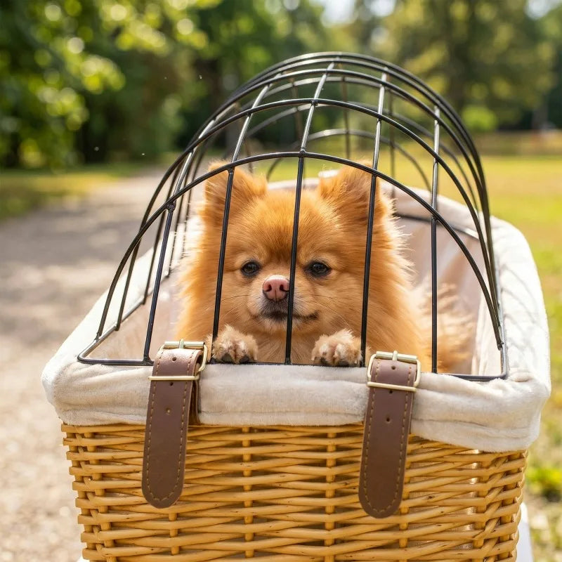 Panier de Vélo pour Chien en Rotin Tressé — Fixation Arrière, Dôme de Protection