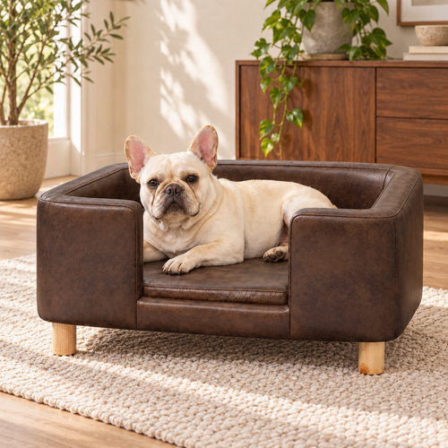 Sofa Design pour Petit Chien — Simili Cuir Chocolat, Pieds en Bois