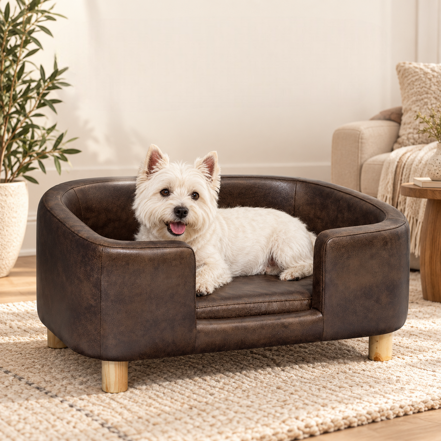 Sofa Design pour Petit Chien — Simili Cuir Chocolat, Pieds en Bois