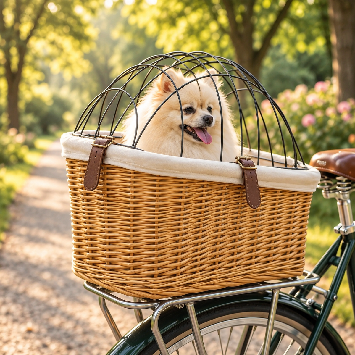 Panier de Vélo pour Chien en Rotin Tressé — Fixation Arrière, Dôme de Protection