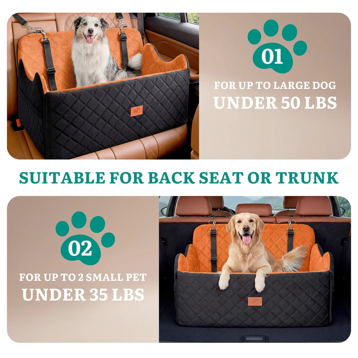 Dog Car Seat for Medium Large Dogs, Memory Foam Pet Bed with Storage, Non-Slip Cushion and Safety Belts Under 55lbs