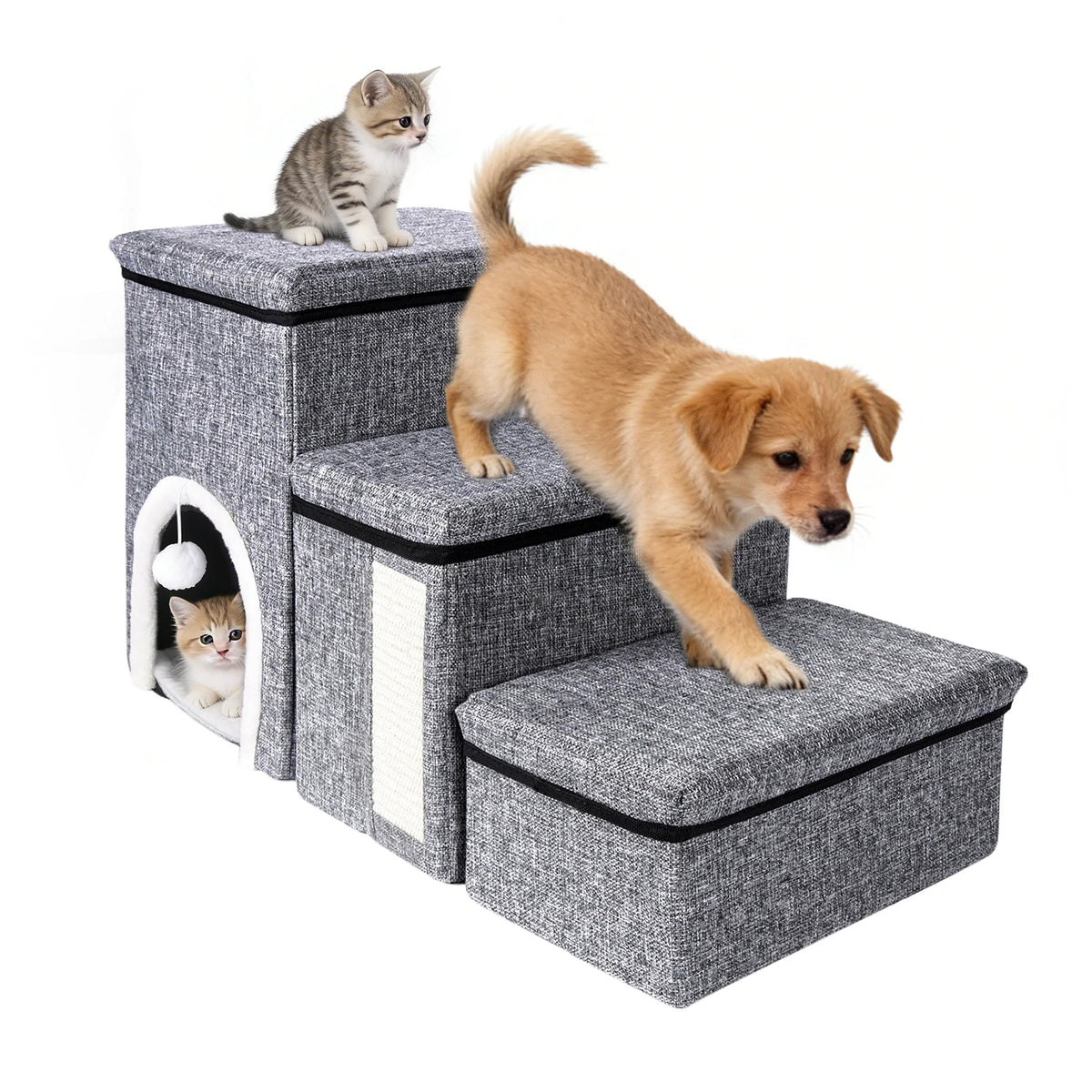 3 in 1 Cat House with 3 Steps Stairs Pet Stairs Foldable Dog Steps Comfortable and Durable Stairs with Storage Space and Pet House Indoor Cat Cave Nest