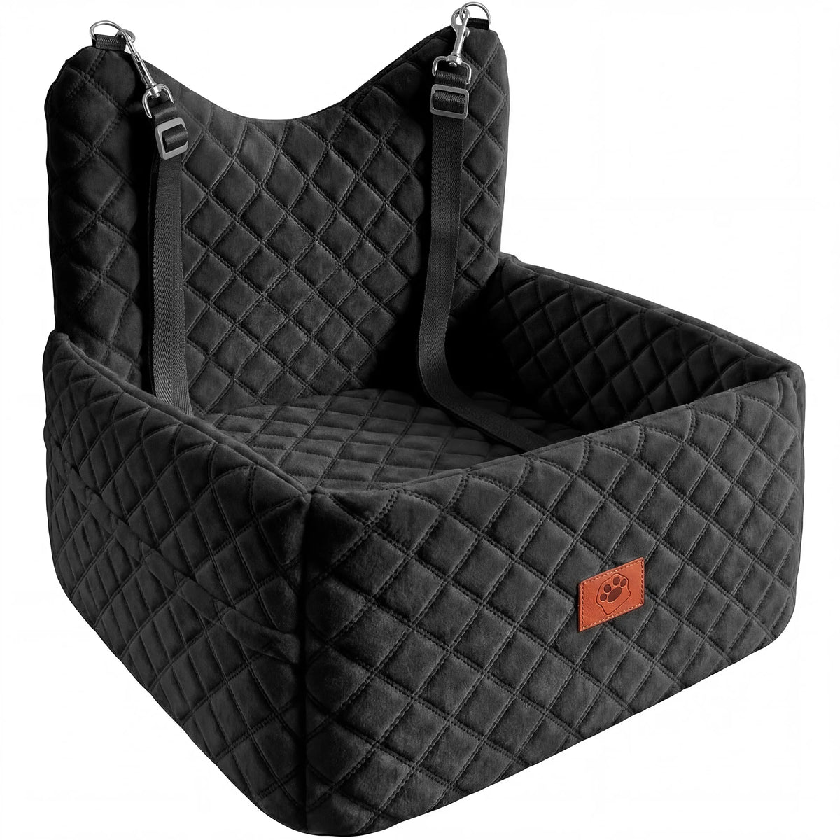 Dog Car Seat for Small Medium Dogs, Memory Foam Pet Travel Bed, Non-Slip Cushion with Safety Belts & Side Storage, Under 35lbs