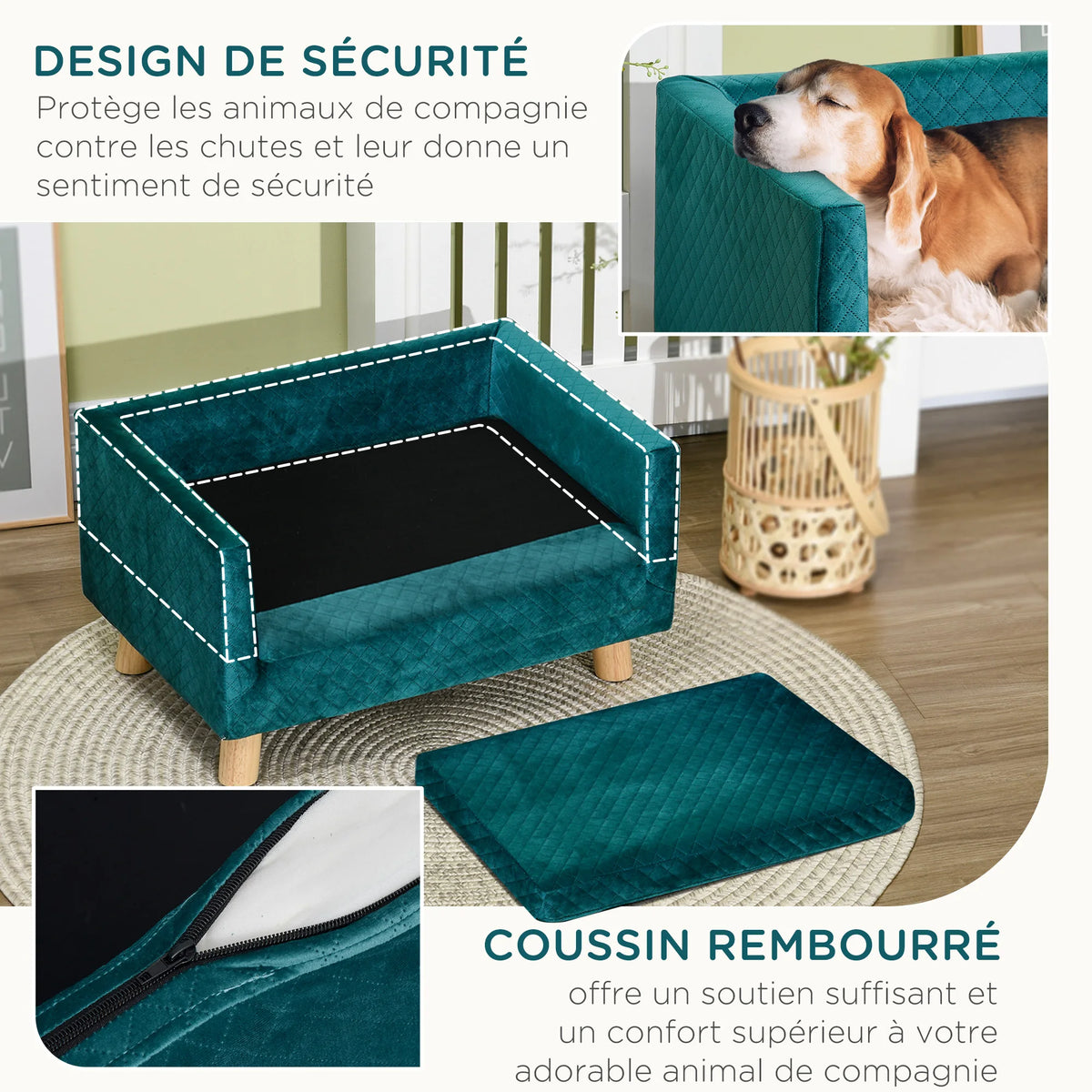 PawHut Couch dog dog bed dog Scandinavian design cushion soft drink feet solid dim. 64x45x36 cm Velvet Blue Duck