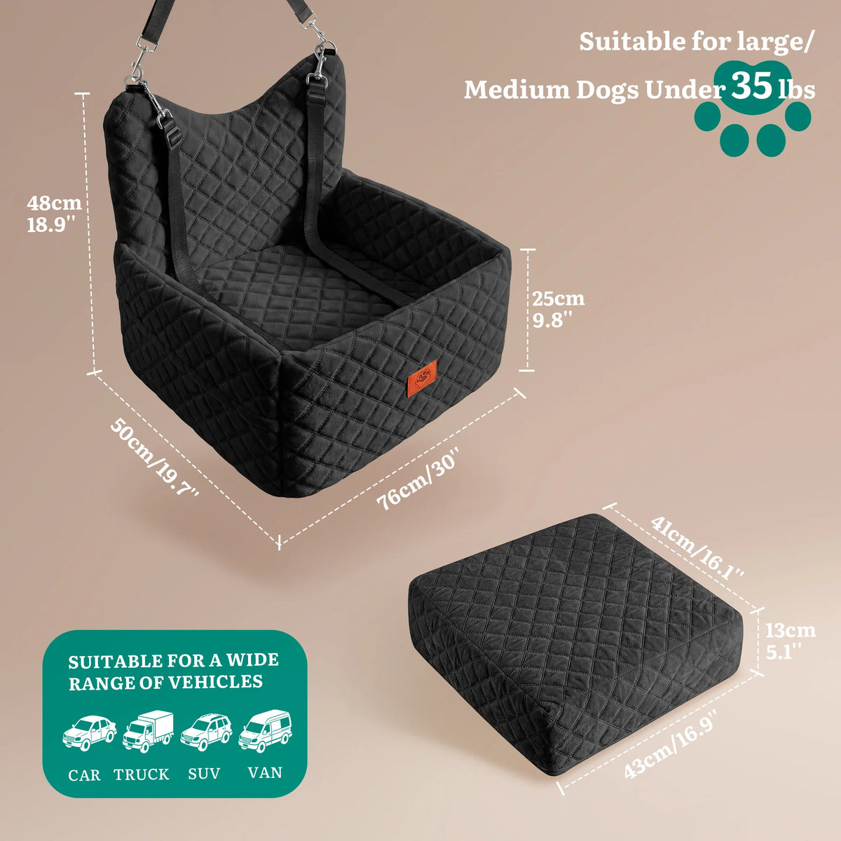 Dog Car Seat for Small Medium Dogs, Memory Foam Pet Travel Bed, Non-Slip Cushion with Safety Belts & Side Storage, Under 35lbs