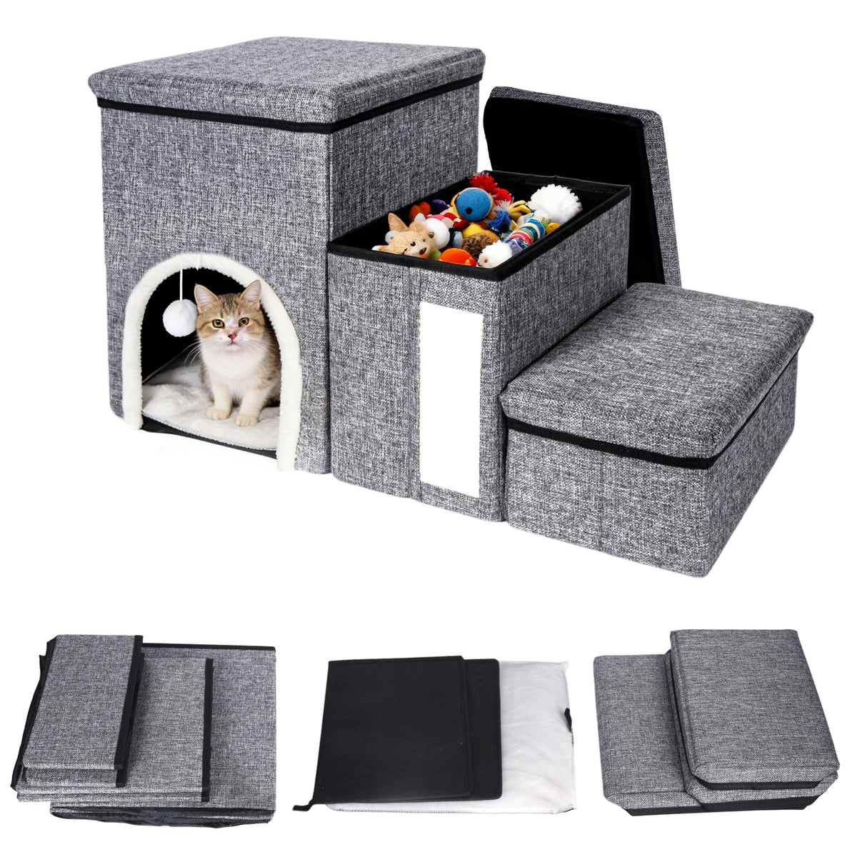 3 in 1 Cat House with 3 Steps Stairs Pet Stairs Foldable Dog Steps Comfortable and Durable Stairs with Storage Space and Pet House Indoor Cat Cave Nest