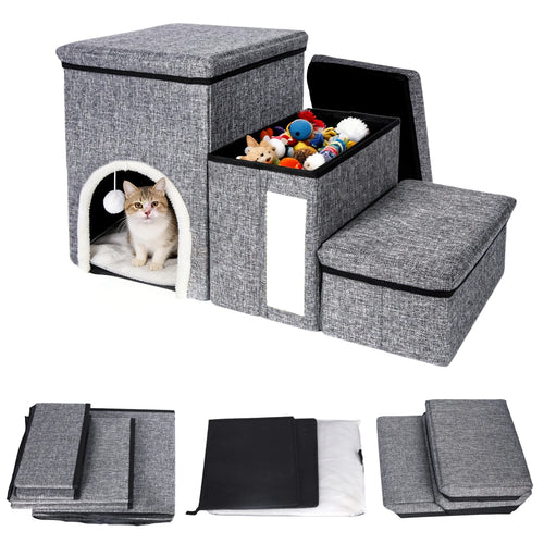 3 in 1 Cat House with 3 Steps Stairs Pet Stairs Foldable Dog Steps Comfortable and Durable Stairs with Storage Space and Pet House Indoor Cat Cave Nest