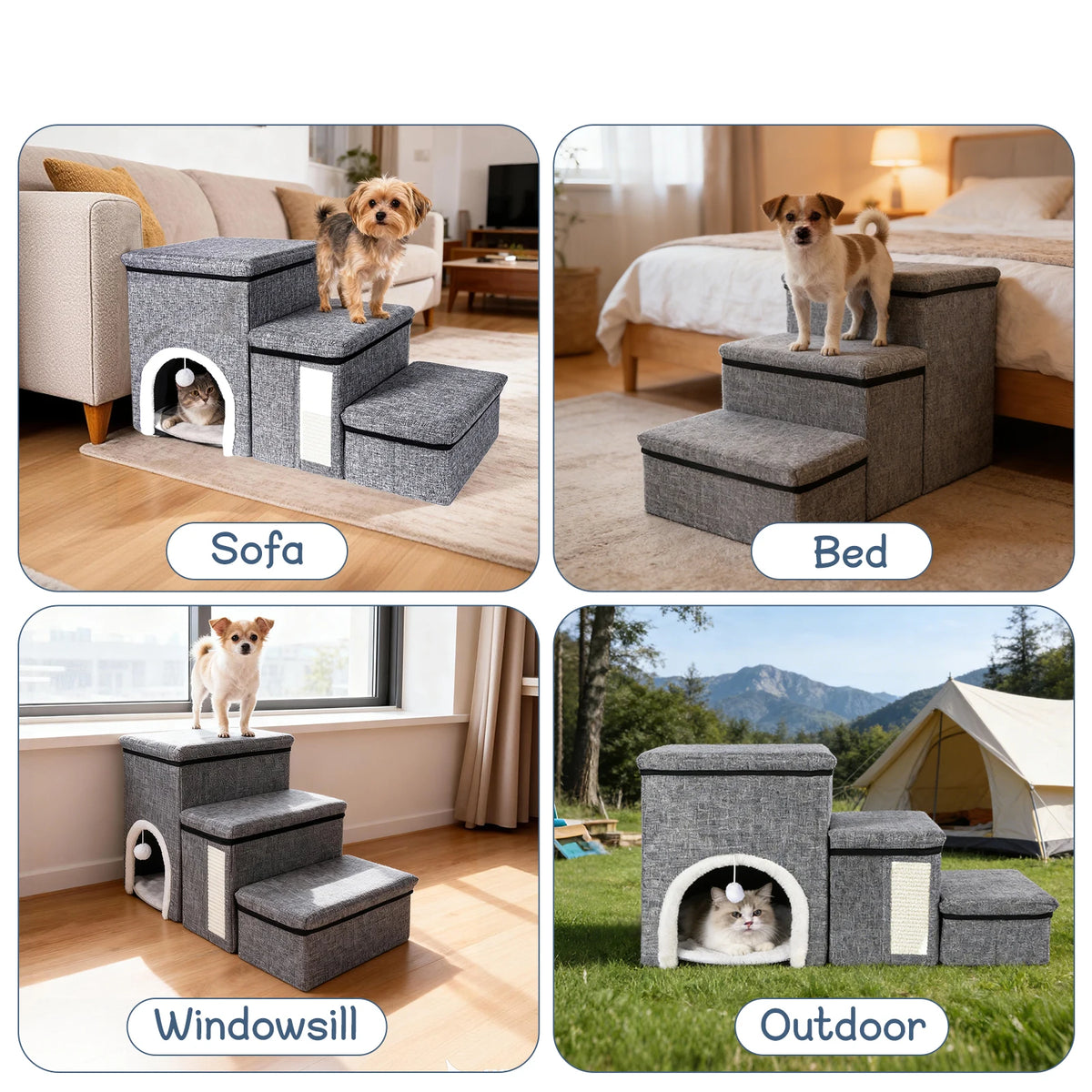 3 in 1 Cat House with 3 Steps Stairs Pet Stairs Foldable Dog Steps Comfortable and Durable Stairs with Storage Space and Pet House Indoor Cat Cave Nest