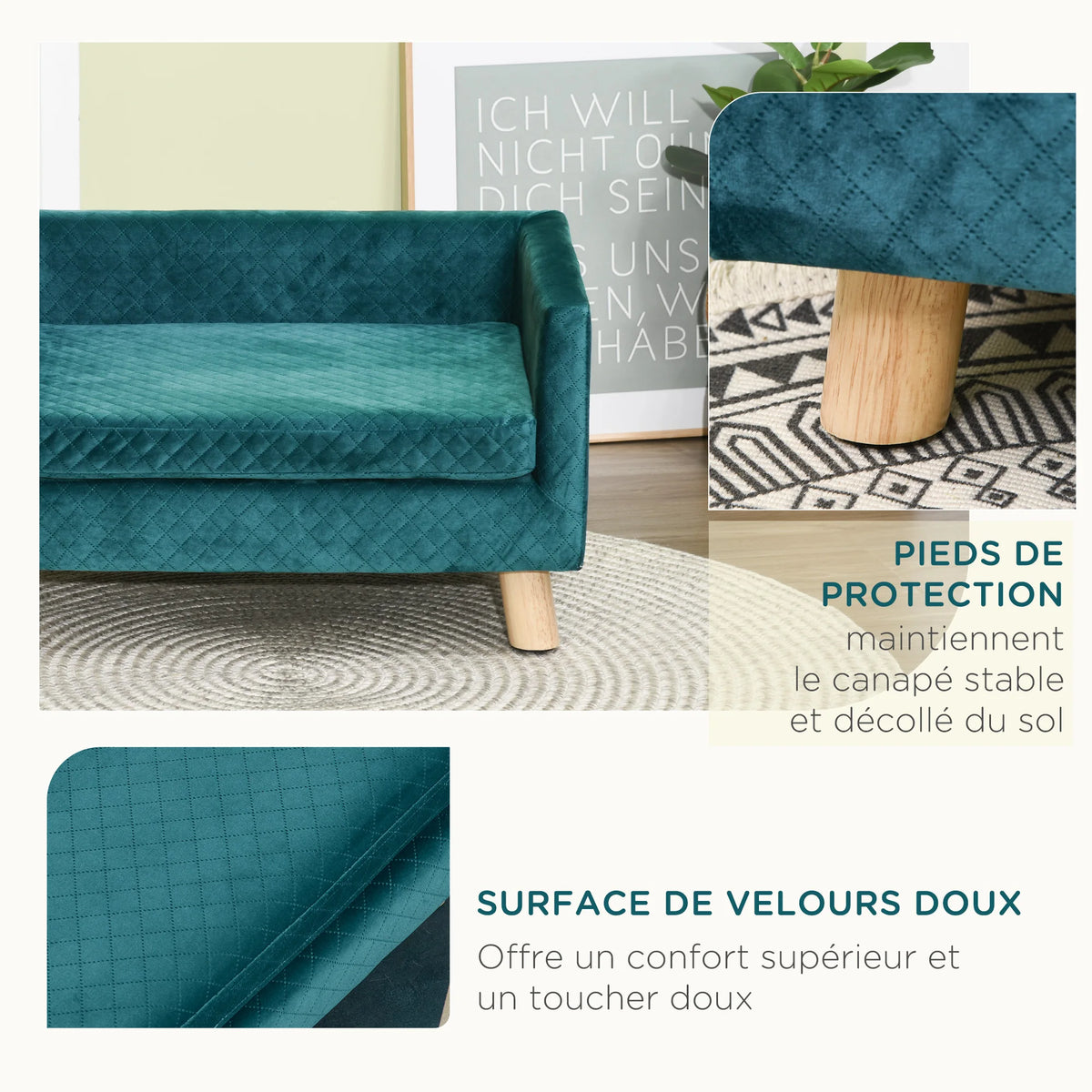 PawHut Couch dog dog bed dog Scandinavian design cushion soft drink feet solid dim. 64x45x36 cm Velvet Blue Duck