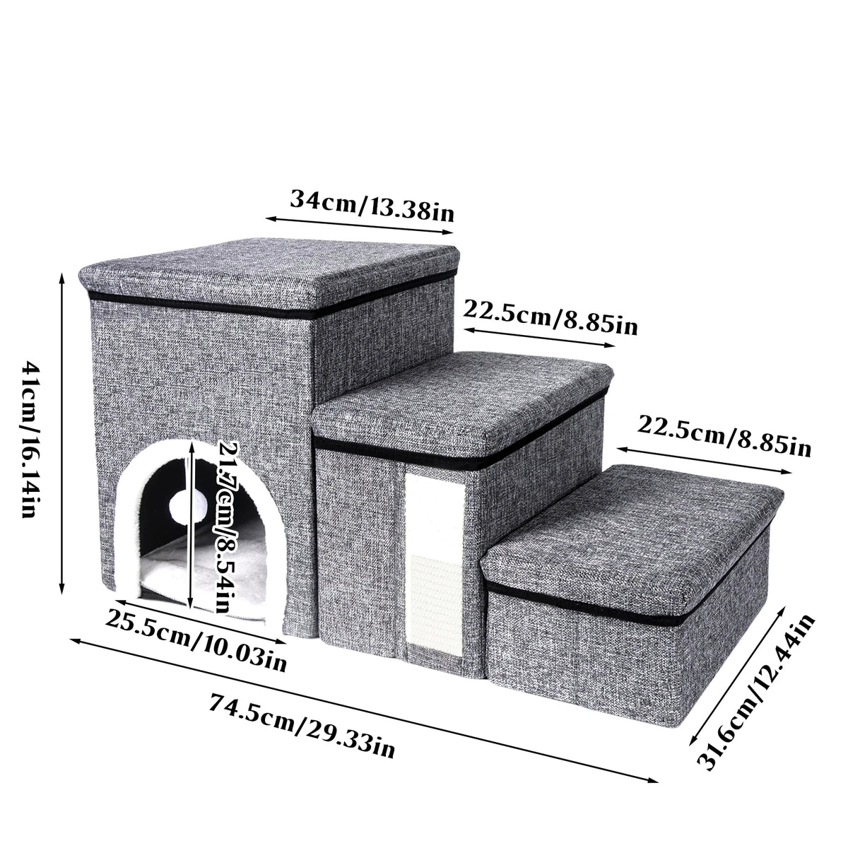 3 in 1 Cat House with 3 Steps Stairs Pet Stairs Foldable Dog Steps Comfortable and Durable Stairs with Storage Space and Pet House Indoor Cat Cave Nest