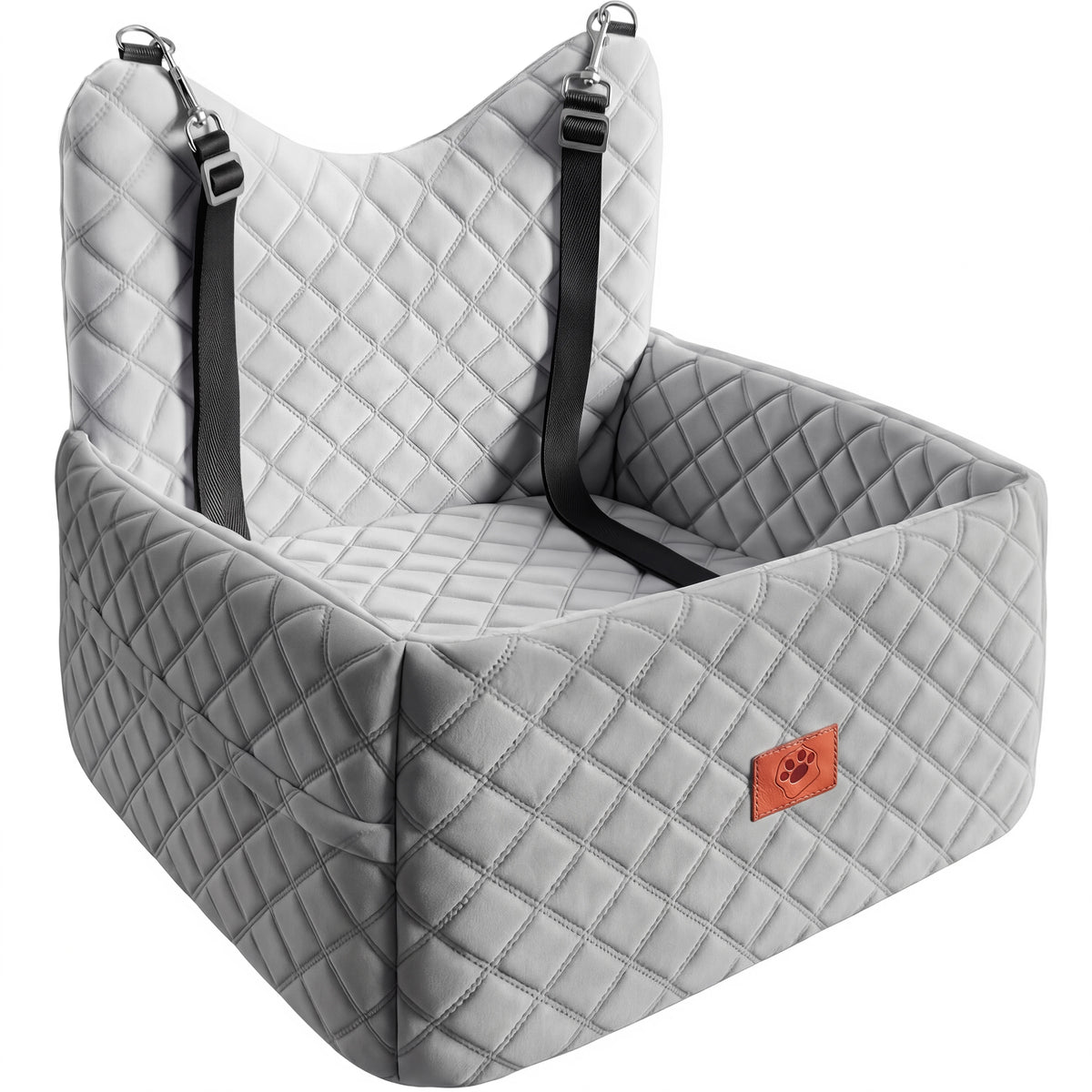 Dog Car Seat for Small Medium Dogs, Memory Foam Pet Travel Bed, Non-Slip Cushion with Safety Belts & Side Storage, Under 35lbs