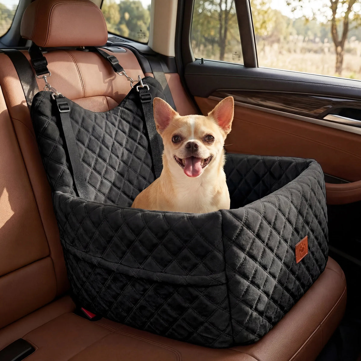 Dog Car Seat for Small Medium Dogs, Memory Foam Pet Travel Bed, Non-Slip Cushion with Safety Belts & Side Storage, Under 35lbs