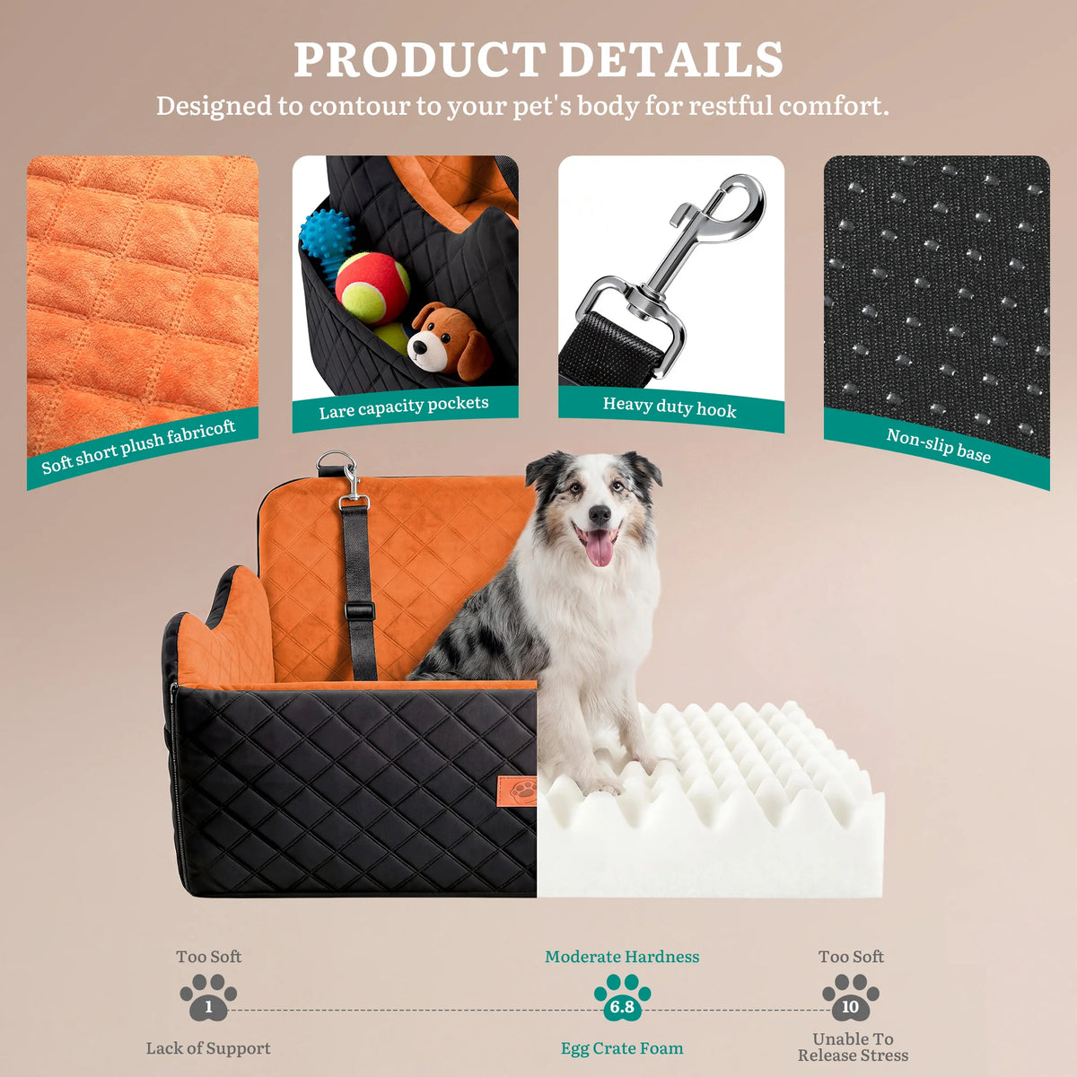 Dog Car Seat for Medium Large Dogs, Memory Foam Pet Bed with Storage, Non-Slip Cushion and Safety Belts Under 55lbs