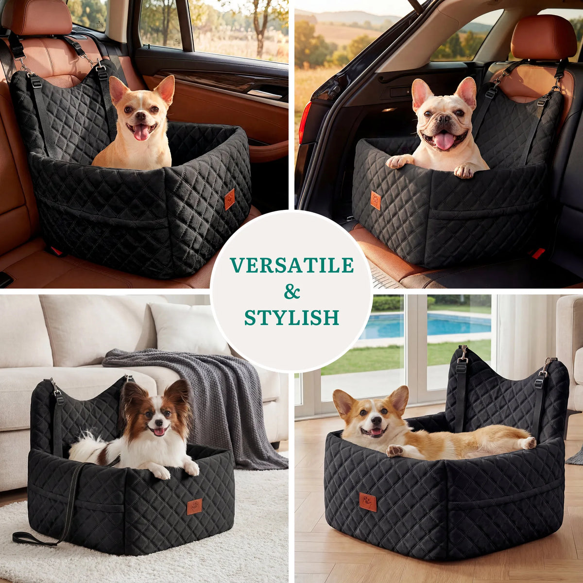 Dog Car Seat for Small Medium Dogs, Memory Foam Pet Travel Bed, Non-Slip Cushion with Safety Belts & Side Storage, Under 35lbs