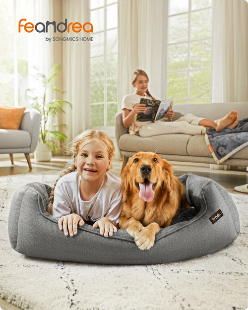 Feandrea Dog Basket, Raised Edge, Non-Slip, Removable Washable Cover, XL Size for Large Dogs, 100 x 75 x 25 cm, Grey