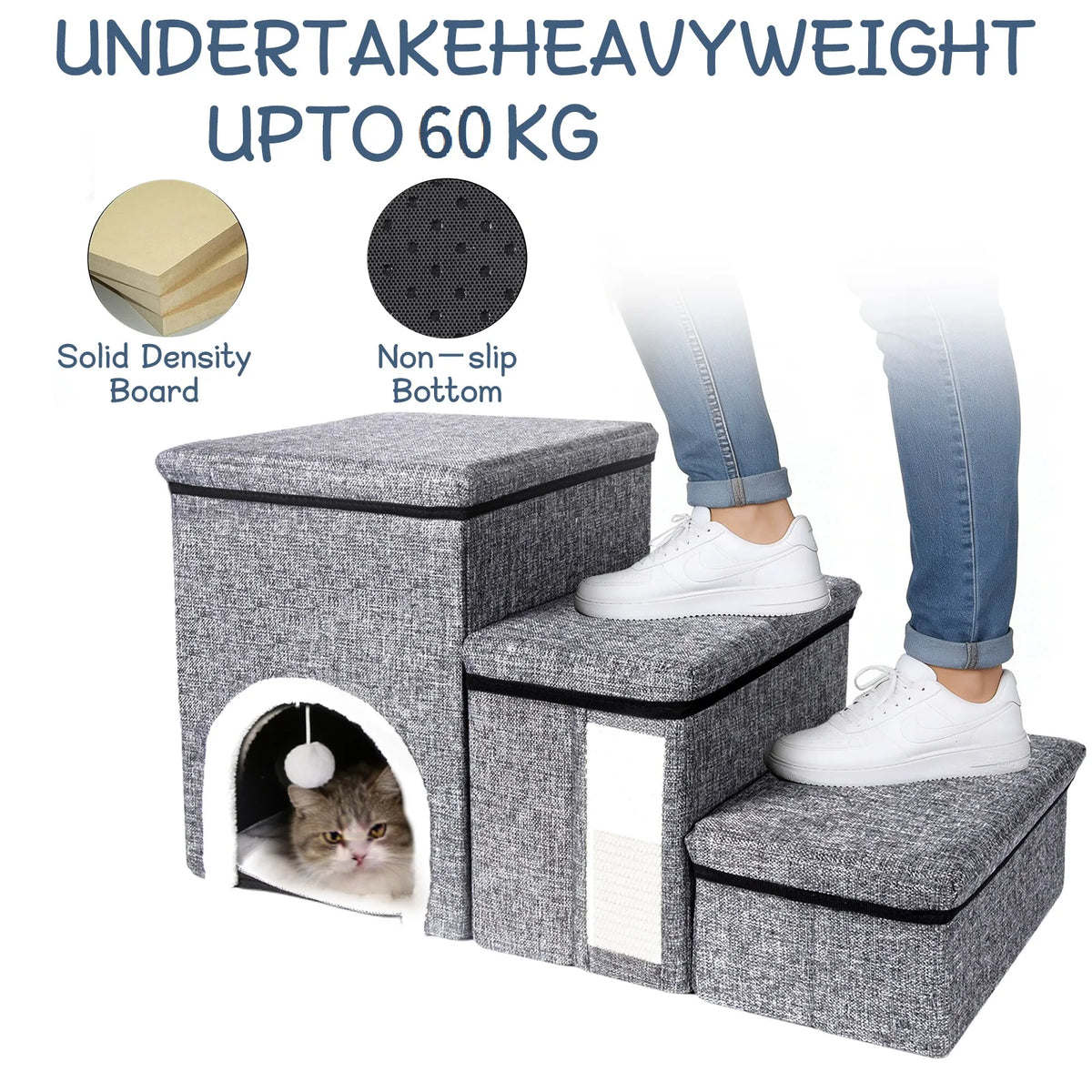3 in 1 Cat House with 3 Steps Stairs Pet Stairs Foldable Dog Steps Comfortable and Durable Stairs with Storage Space and Pet House Indoor Cat Cave Nest
