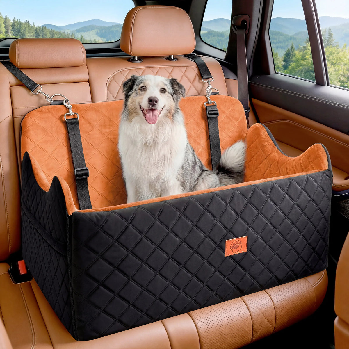 Dog Car Seat for Medium Large Dogs, Memory Foam Pet Bed with Storage, Non-Slip Cushion and Safety Belts Under 55lbs
