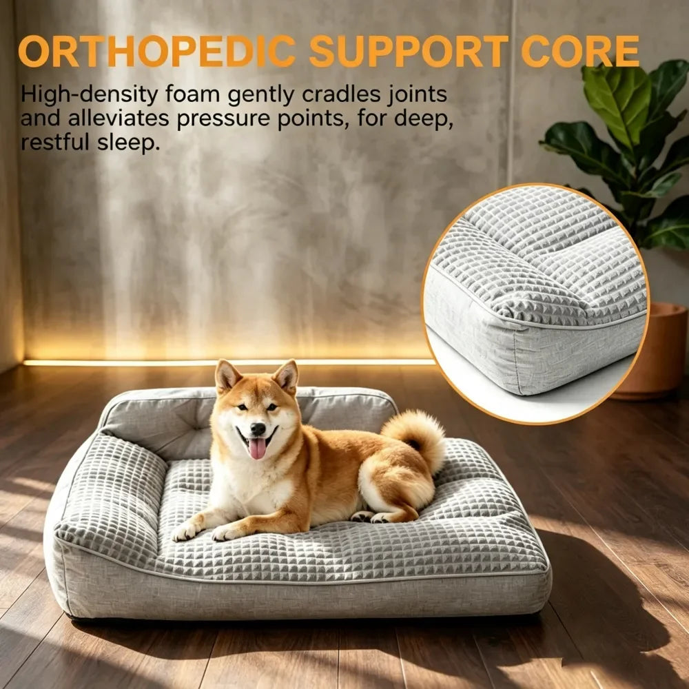 Orthopedic Memory Foam Dog Bed Suitable for Medium Large & Senior Dogs, Chew-Resistant High-Density Orthopedic Mattress with Egg Crate, Bolster Sofa Bed for Joint, Gray Suitable for Joint and Senior Pets