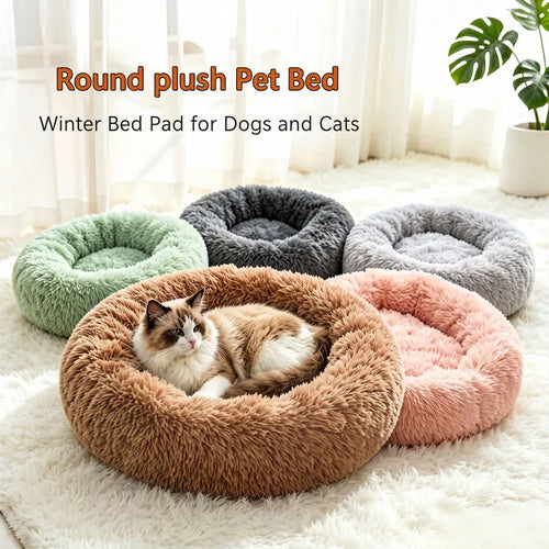 Soft Pet Cat Bed Pad Plush Warm Faux Fur Dog Calm Bed Donut Round Bed Comfortable Sleeping Washable for Small Medium Dog and Cat