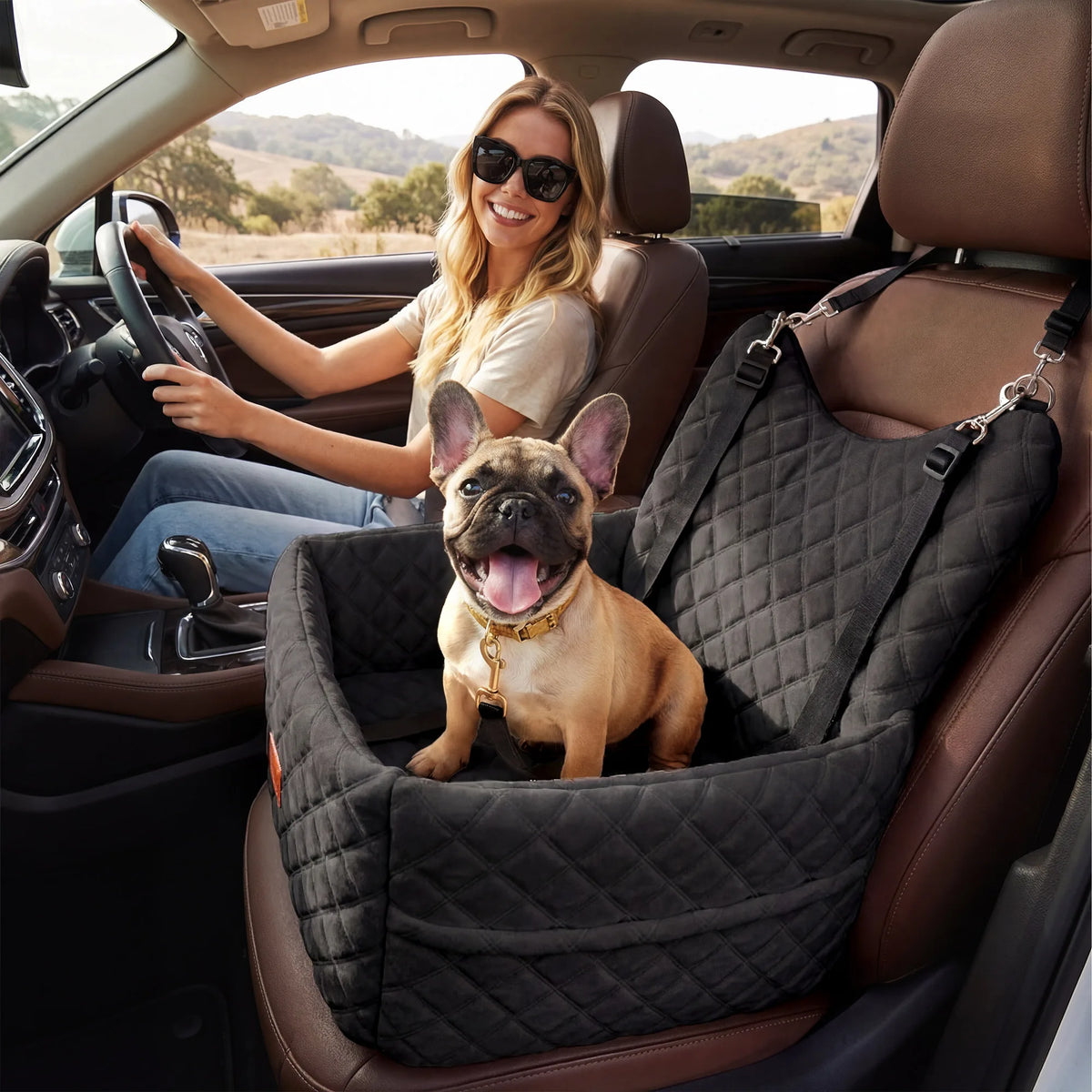 Dog Car Seat for Small Medium Dogs, Memory Foam Pet Travel Bed, Non-Slip Cushion with Safety Belts & Side Storage, Under 35lbs