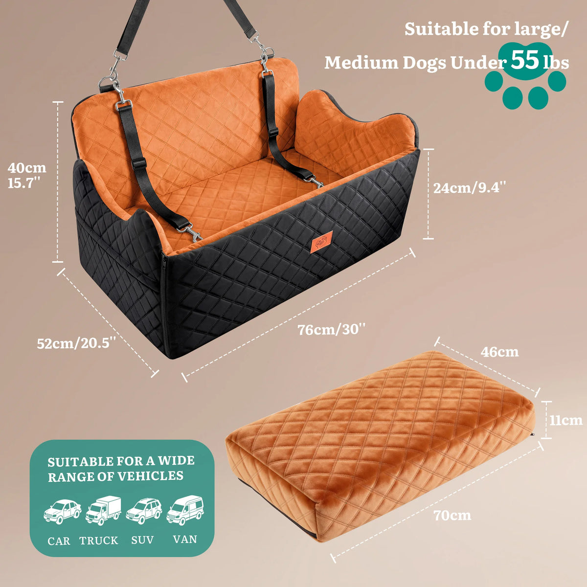 Dog Car Seat for Medium Large Dogs, Memory Foam Pet Bed with Storage, Non-Slip Cushion and Safety Belts Under 55lbs