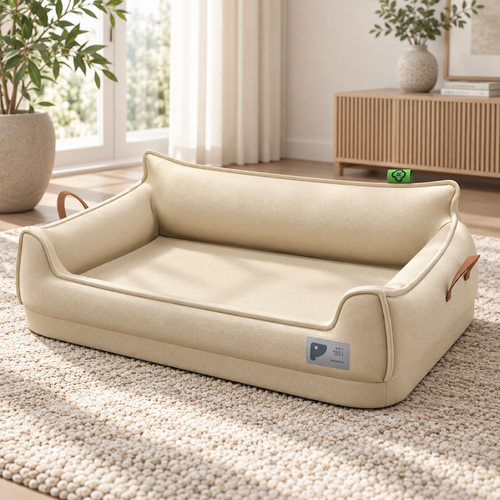 Canapé-lit orthopédique en cuir pour chien, vue produit beige