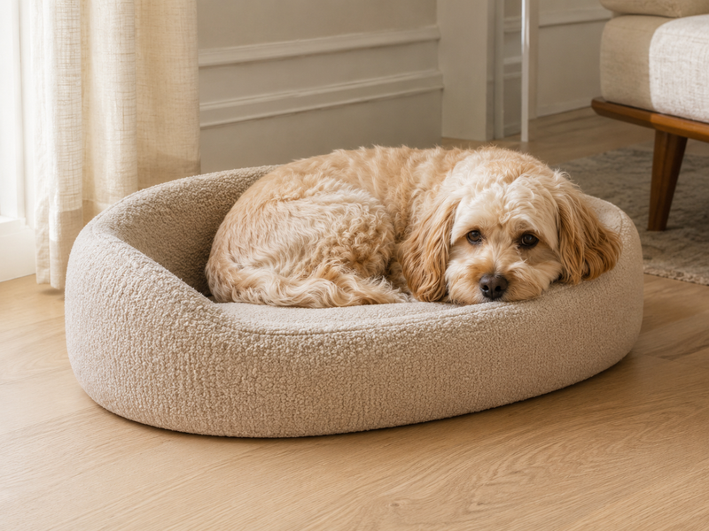 Petit chien au poil crème lové dans un panier rond en bouclé ivoire, sur un parquet clair