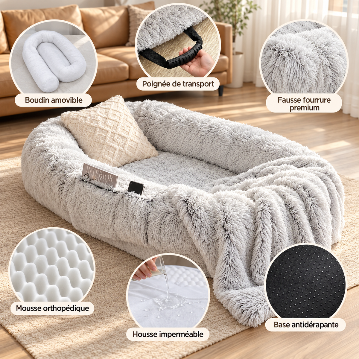Zooms sur les matériaux du panier cocon géant PaniHome : boudin amovible, poignée de transport, fausse fourrure premium, mousse orthopédique, housse imperméable, base antidérapante