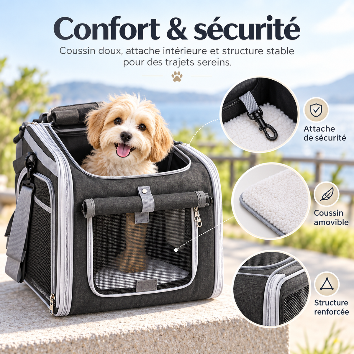 Confort et sécurité du panier de vélo pour chien : coussin doux, attache intérieure, structure renforcée