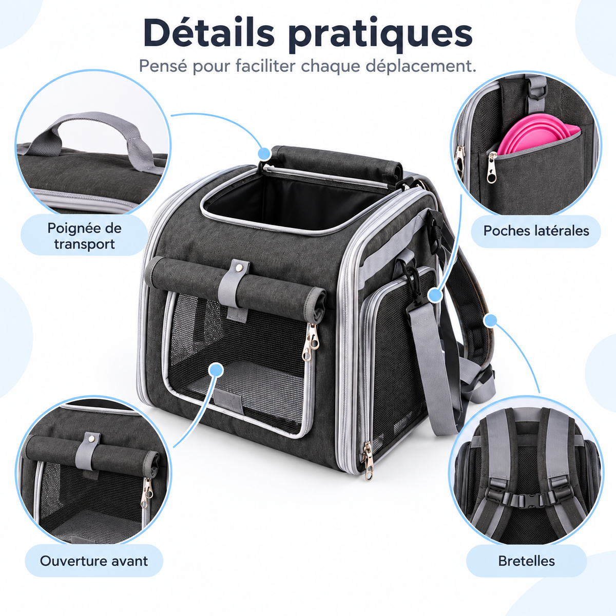 Détails pratiques du panier de vélo pour chien : poignée, poches latérales, bretelles