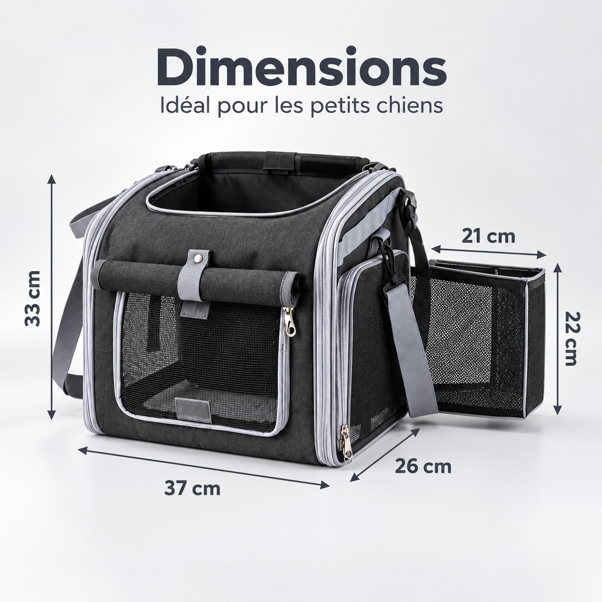 Dimensions du panier de vélo pour chien : 33x37x26cm, extension 21x22cm