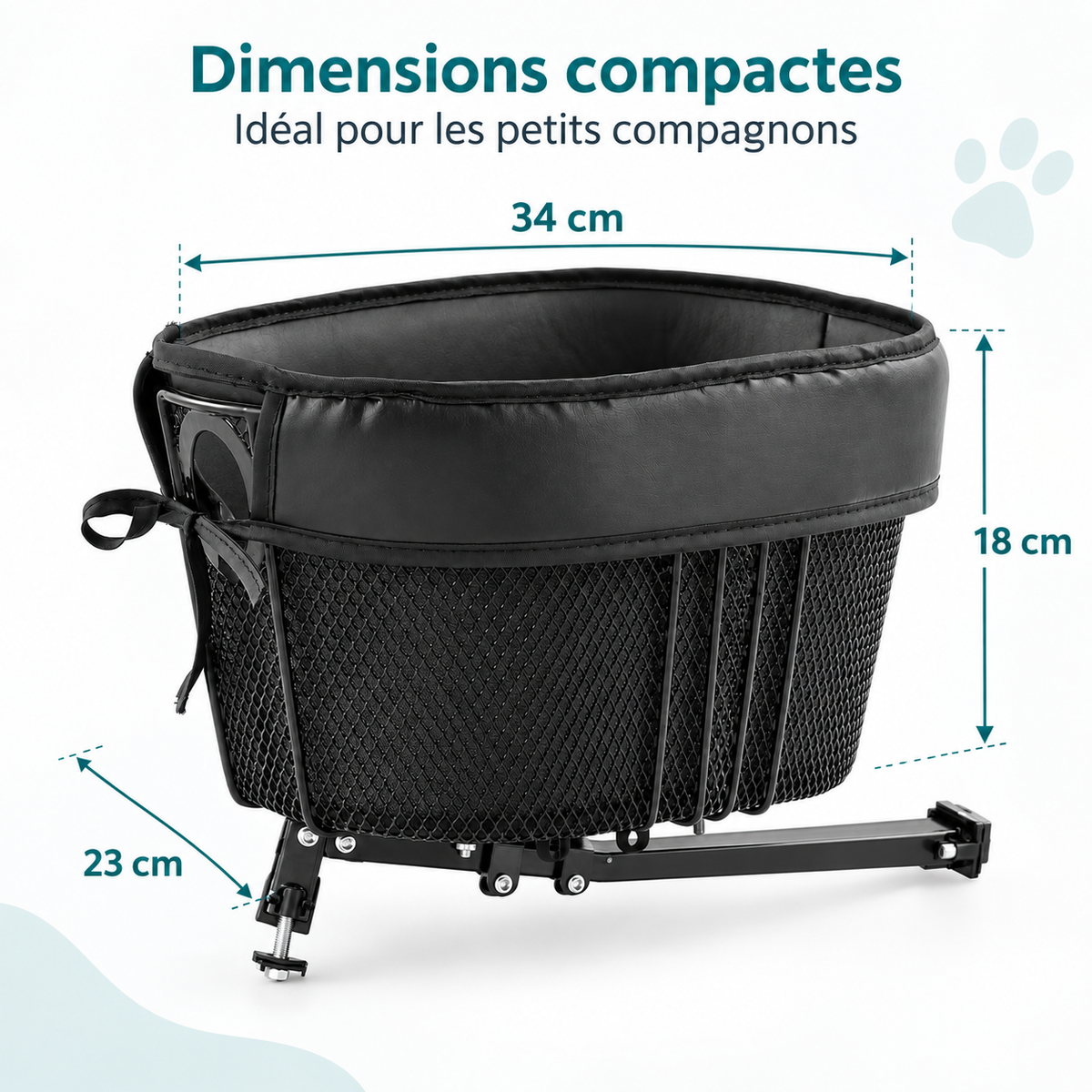 Dimensions compactes du panier de vélo pour chien en métal : 34x23x18cm