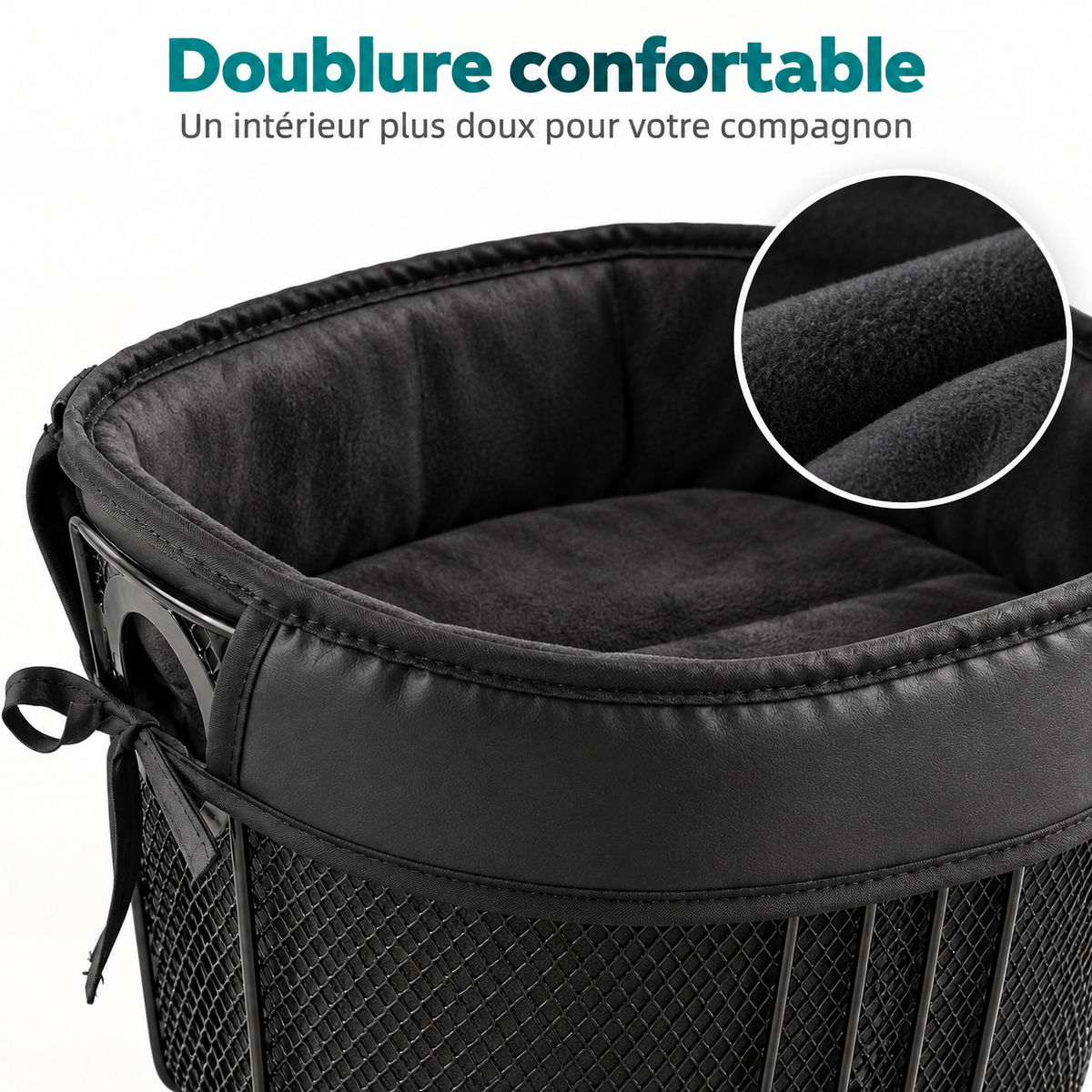 Doublure confortable du panier de vélo pour chien en métal, intérieur moelleux