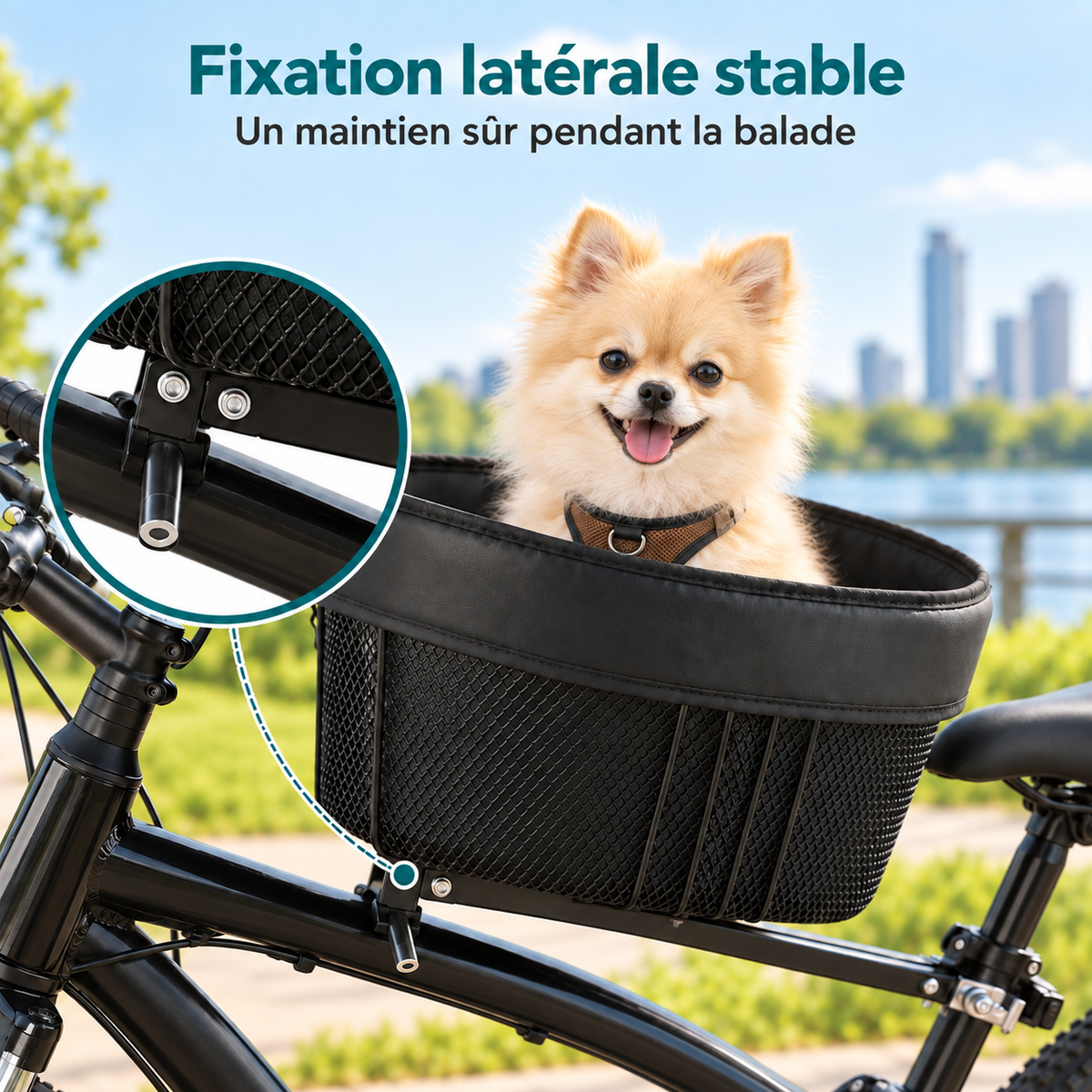 Fixation latérale stable du panier de vélo pour chien en métal