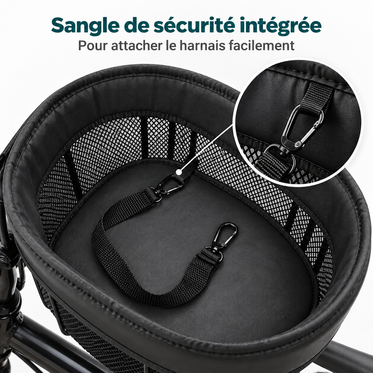 Sangle de sécurité intégrée du panier de vélo pour chien en métal