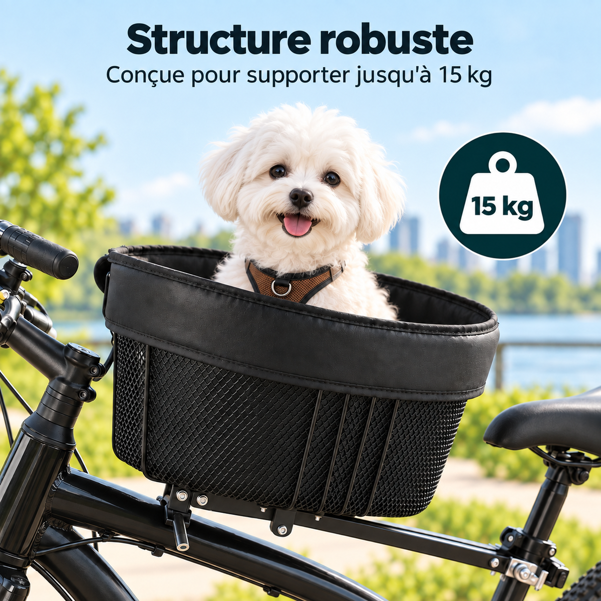 Structure robuste du panier de vélo pour chien en métal, conçue pour supporter jusqu'à 15 kg